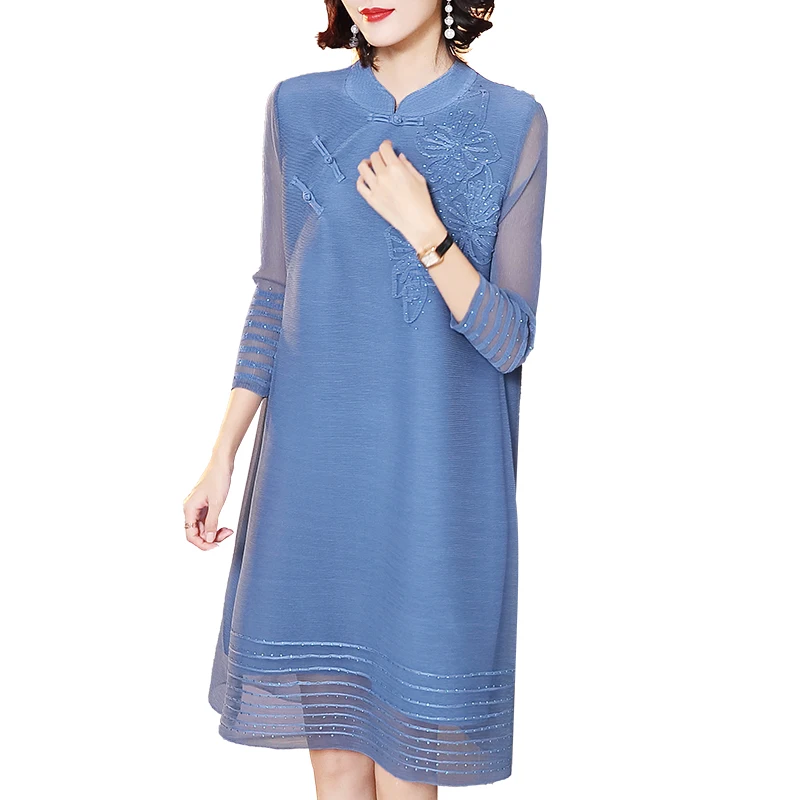 

Vintage Dress Chinese Style Women Plus Size Spring Stand Collar Beading Three Quarter Sleeve Loose Dress For Women 45-75kg