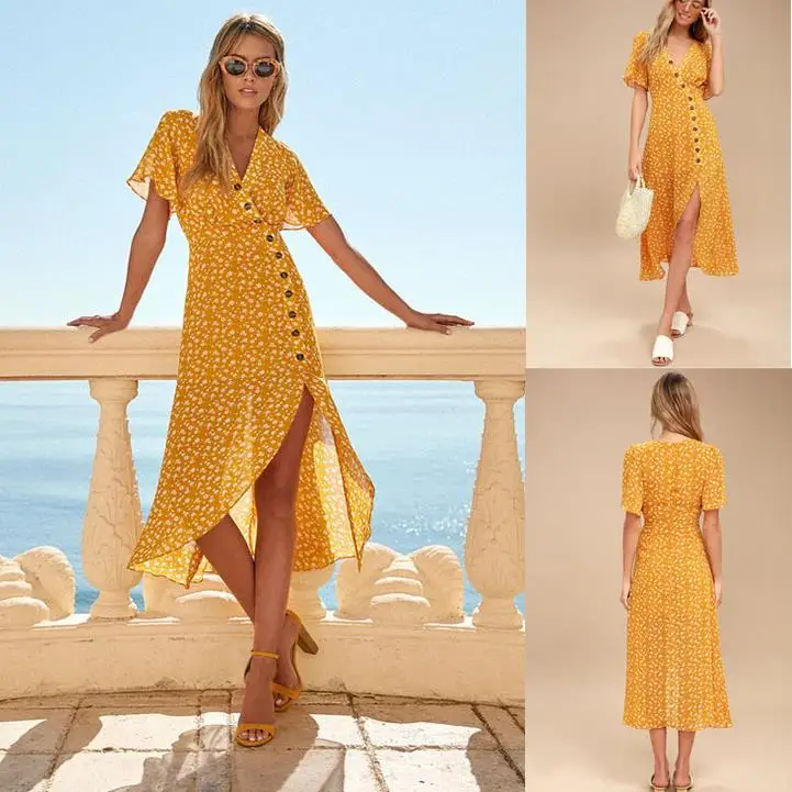 

Seaside Resort Floral Print Retro Fashion Bohemian V-Neck Single Breasted Casual Elegant Irregular Skirt Personalized Dress