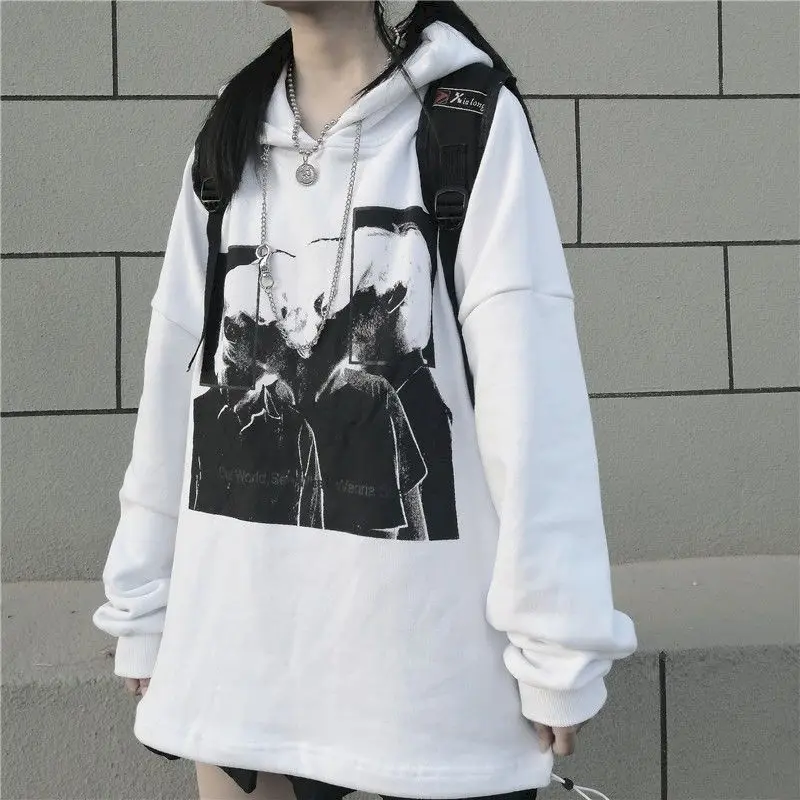 

Толстовка Женская в готическом стиле, Худи оверсайз в стиле оверсайз, одежда в Корейском стиле, осенние черно-белые топы, свитер с длинным ру...