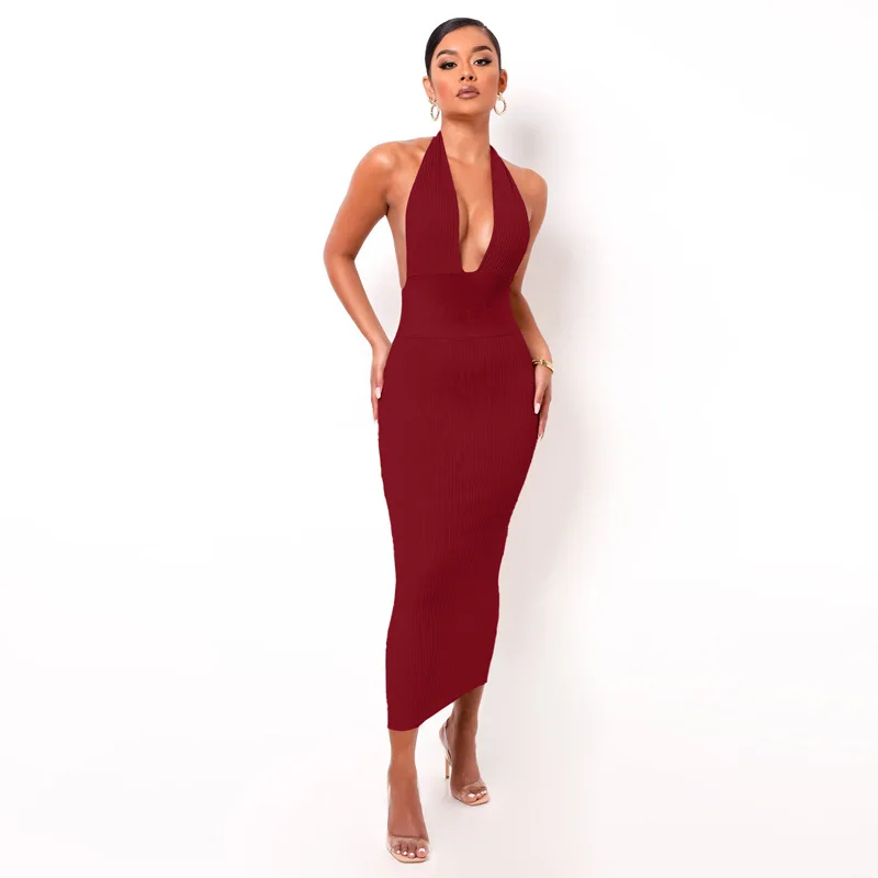 

Solid Color Sexy Halter V-Neck Sleeveless Slim Dresses New Arrival Spring Summer 2021 Women Fashion Clothes