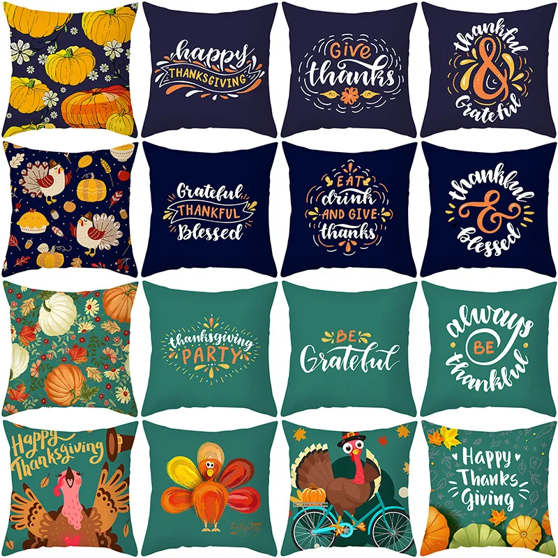 

45x45cm ThanksGiving Day Decorative Cushion Cover Pumpkin Turkey Cartoon Pillow Case Home Sofa Car Office Throw Pillow Cover