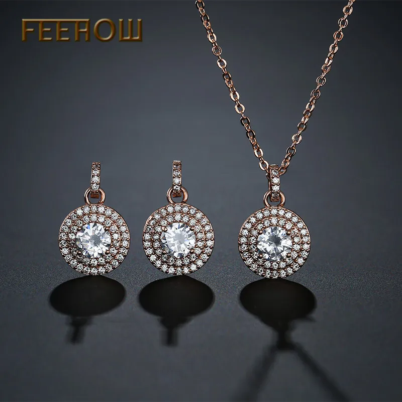 FEEHOW элегантные круглые Милые простые серьги с кубическим цирконием ожерелье
