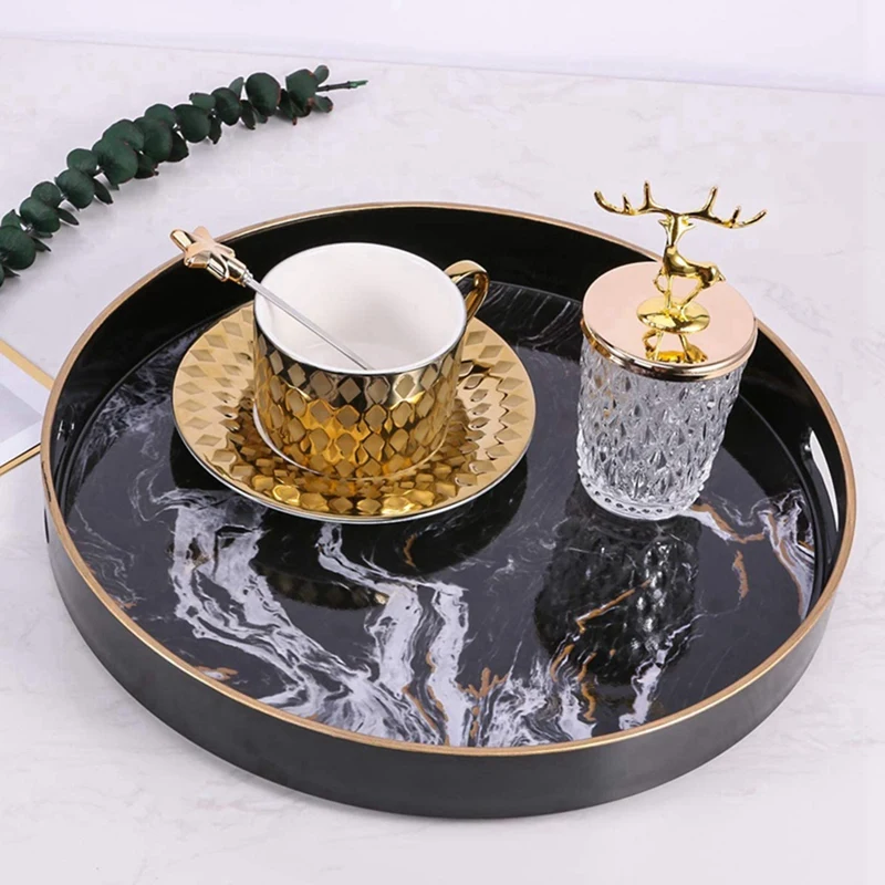 

Round Decorative Tray, Marbling Plastic Tray with Handles, Modern Vanity Tray and Coffee Table, Kitchen and Bathroom