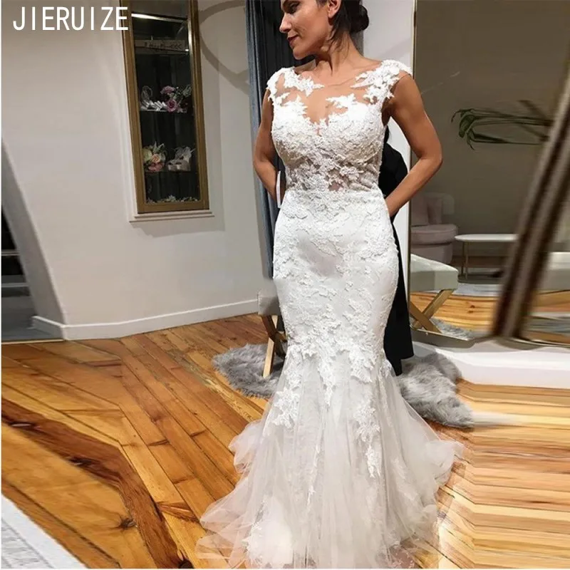 

JIERUIZE Cap Sleeve Mermaid Wedding Dresses O Neck Sexy Open Back Lace Appliques Beach Bridal Gowns For Women robe de mariee