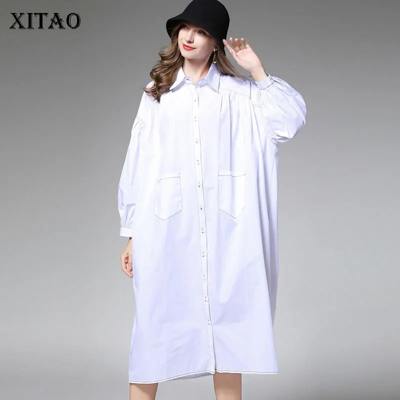 XITAO плюс размер хит цвет карман черный белый платье плиссированная женская