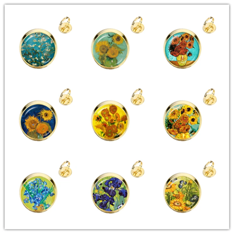 Картина маслом Ван Гога Регулируемые кольца модное позолоченное стекло кабошон