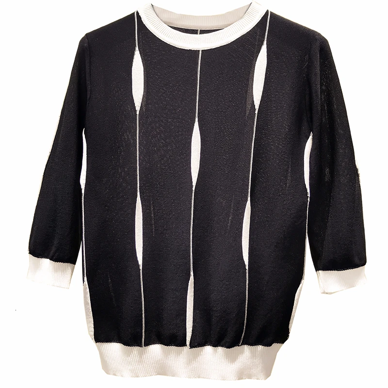 

patchwork striped knitted sweater women slim thin tops Korean half sleeve modis Pullover 2019 autumn o-neck sweaters