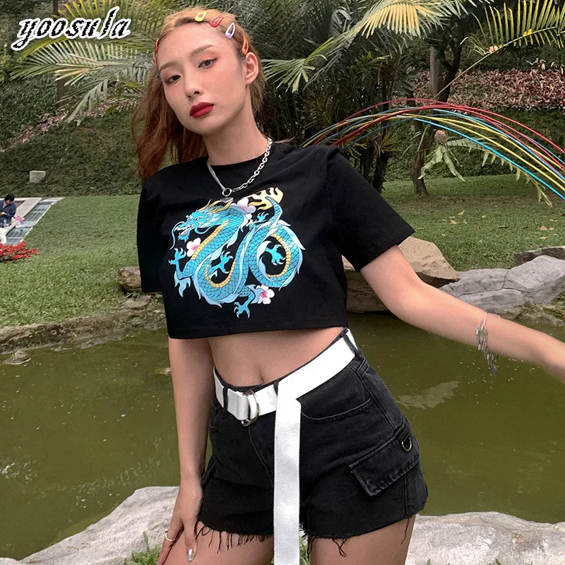 Женский хлопковый топ с принтом дракона коротким рукавом | Женская одежда