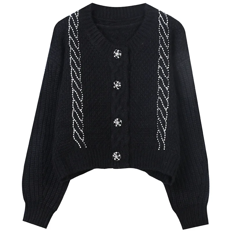 

Red Cardigan Women 2021 Runway Round Neck Crystal Beaded Cropped Sweater Cardigans Short Knitted Jersey Jackets Spring outwear