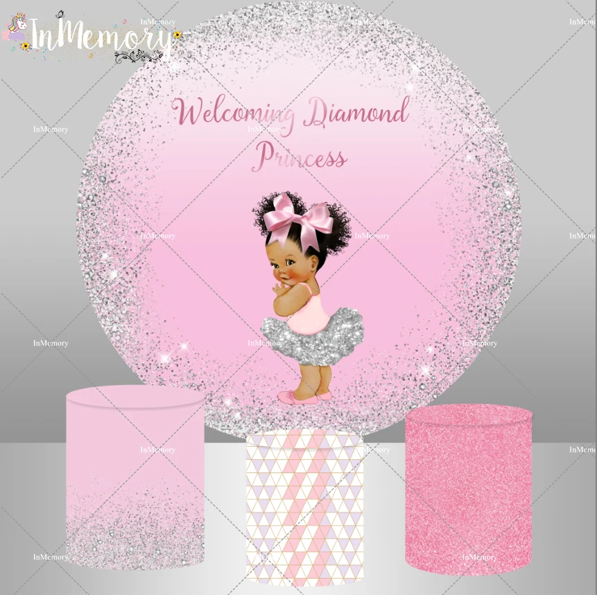 

Pink Princess Round Circle Backdrop Sparkle Glitter Sliver Girl Happy Birthday Party Decoration Poster Photo Background