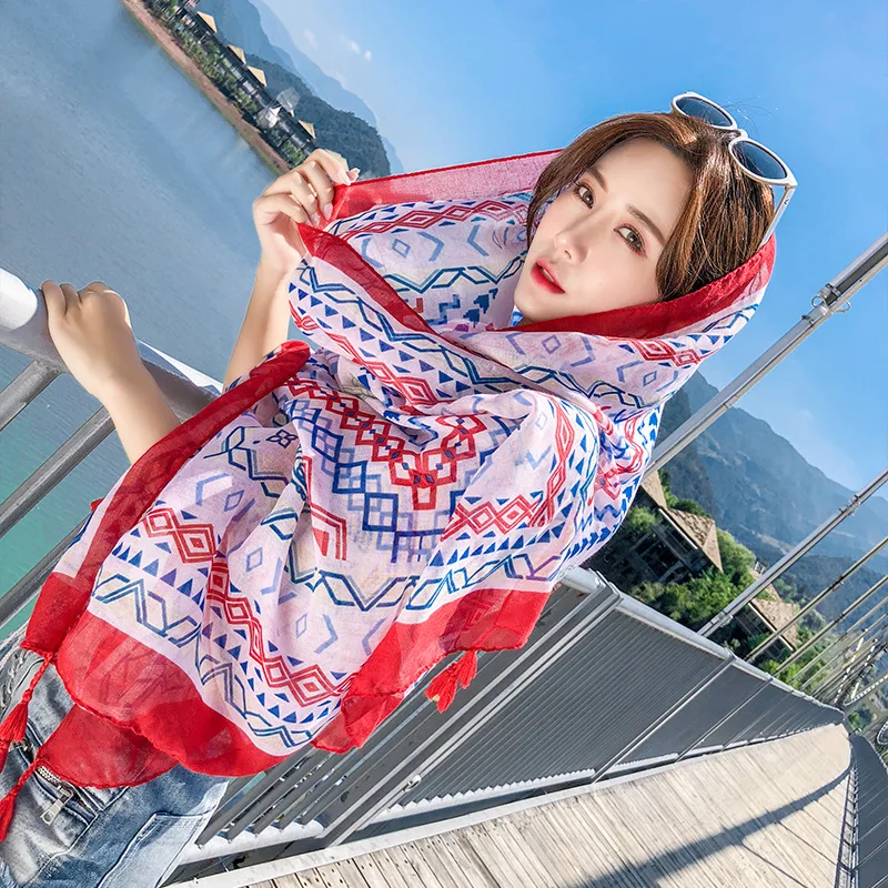 Женский этнический шарф с кисточками большая шаль принтом для путешествий на