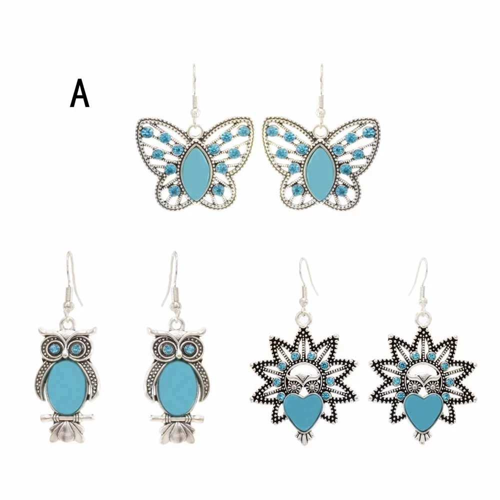 

3Pairs/set Boho Blue Stone Butterfly Owl Elephant Earrings for Women Female Ethnic Animal Festival Party Earrings oorbellen
