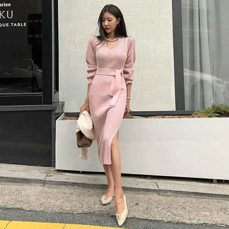 

ZAWFL Sexy V-neck Lace Up Women Sweater Dress Side Split Autumn Winter Dress Female Sheath Knit Jumpers Vestidos 2021