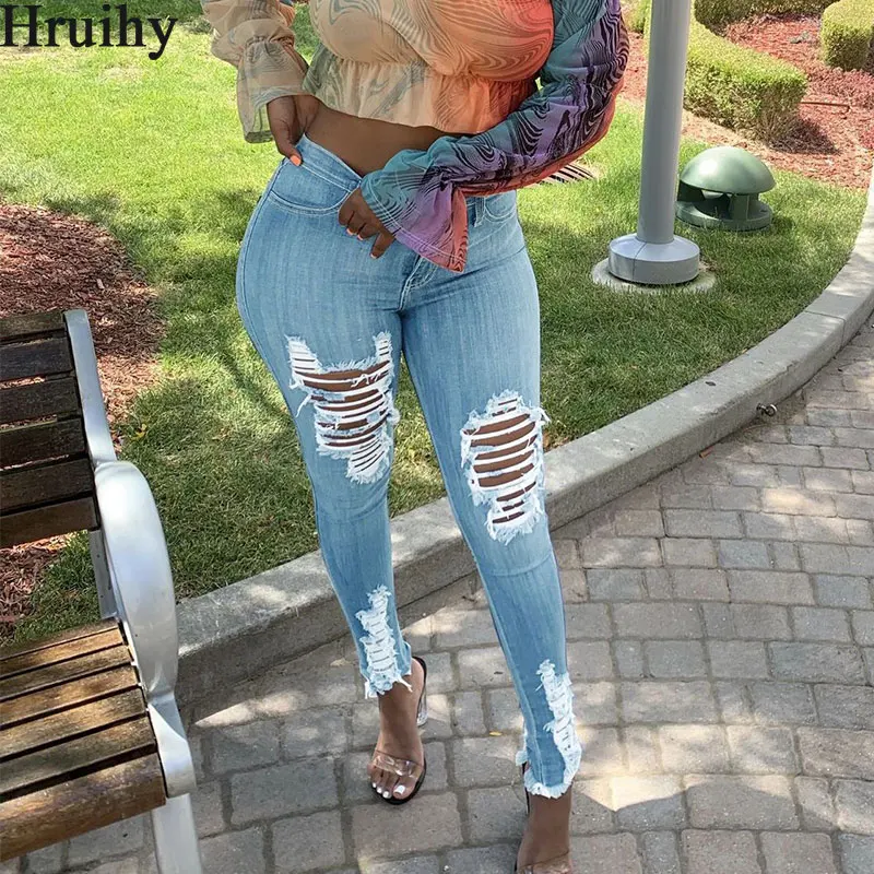 

Джинсовые брюки женские с застежкой на молнии, винтажные модные облегающие брюки с пуговицами, с дырками, повседневные