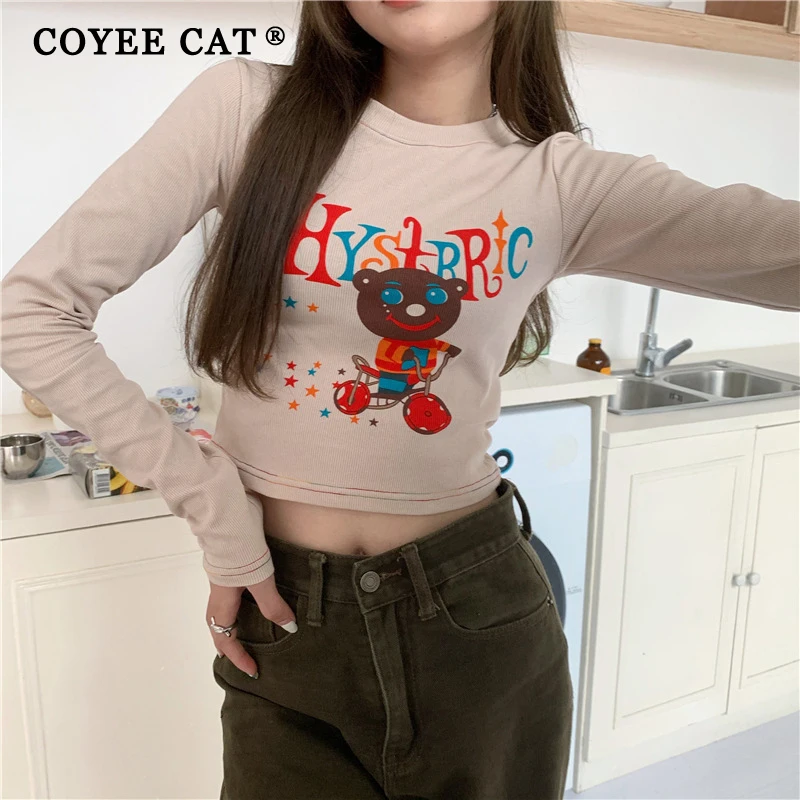 

CoyeeCat Women Casual Knitting Long Sleeve Crop Top T Shirt Fashion Y2k Tops Cotton Tshirt Fashion Slim Korean Tee Shirt Femme
