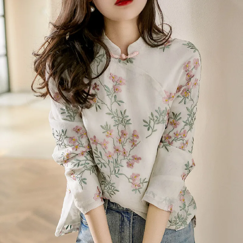 linen shirt cheongsam blouse chinese style high quality flower embroidery long sleeve autumn tops cotton and elegant | Женская одежда