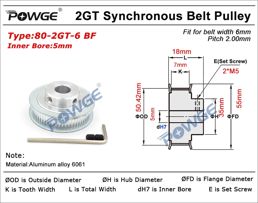 POWGE VORON Black Red Anodized 80 Teeth 2MGT/2GT synchronous Pulley Bore 5mm for width 6mm GT2 Timing Belt Wheel 80Teeth 80T |