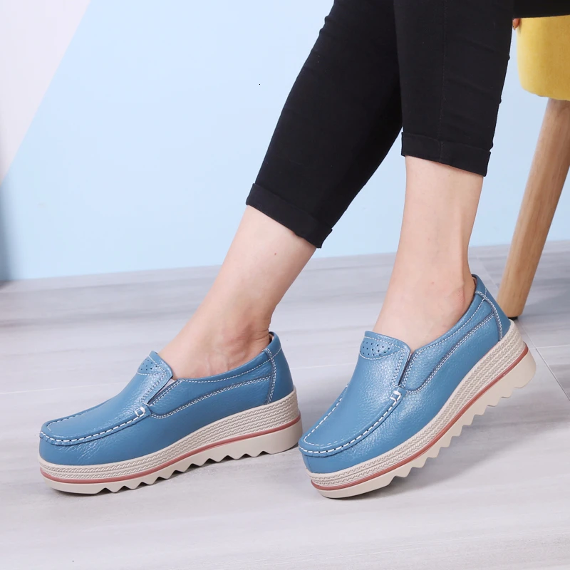 

Genuine Leather Loafers For Women Slip-on Flat Shoes Platform Sneakers Light 5 Colors Ladies Height Increasing Thick Soles Flats