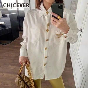 CHICEVER Casual Ruched Diamonds Striped Shirt For Women Lapel Long Sleeve Loose Blouse Female 2021 S