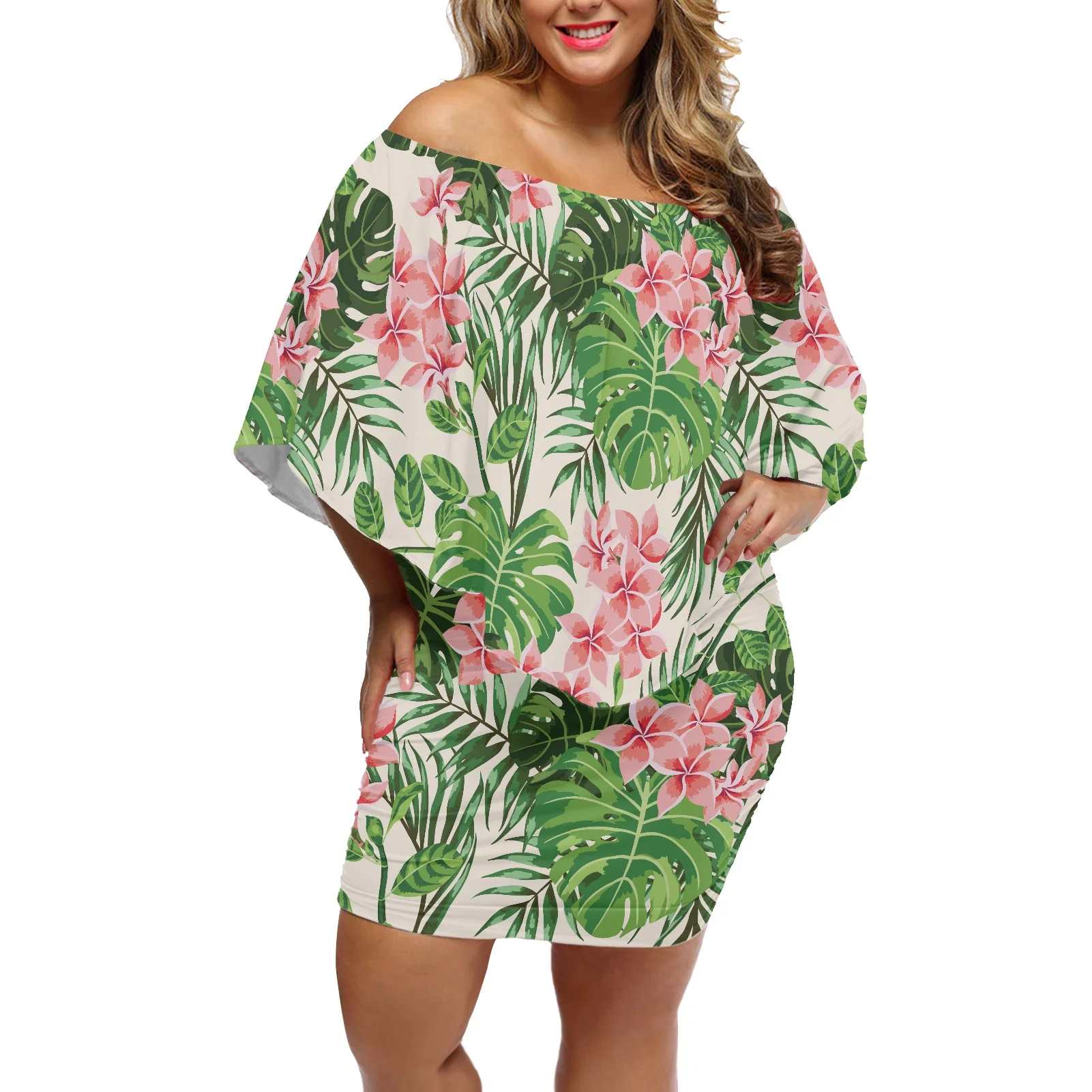 

Женское платье с тропическим рисунком, облегающее платье без рукавов с открытыми плечами и рукавами летучая мышь