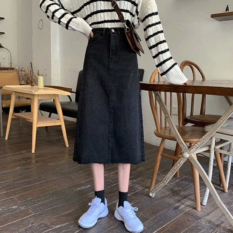 

Женская джинсовая юбка с высокой талией, универсальная длинная трапециевидная юбка из денима в Корейском стиле, модель W731 на осень, 2021