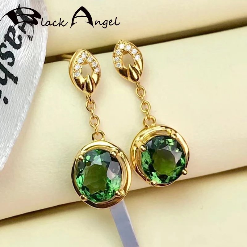 

BLACK ANGEL 925 Sterling Silver Green Tourmaline Drop Earrings For Women Emerald Gemstone Long Earrings Jewelry Wholesale