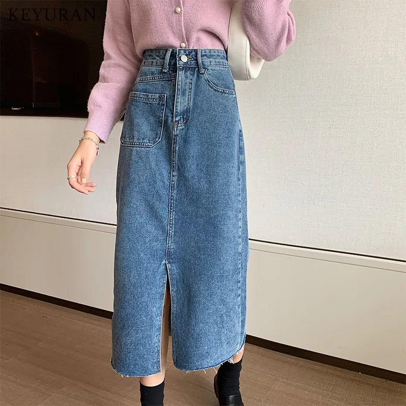 

Harajuku Jeans Skirt Womens 2021 Autumn Split Sexy Denim Skirt Femme High Waist Long Skirts Vintage pocket Autumn Saia