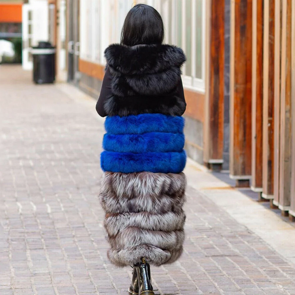 Fashion X-long Real Fox Fur Coat Sleeveless Winter New High Quality Genuine Full Pelt Fox Fur Vest with Hood Thick Fur Overcoats