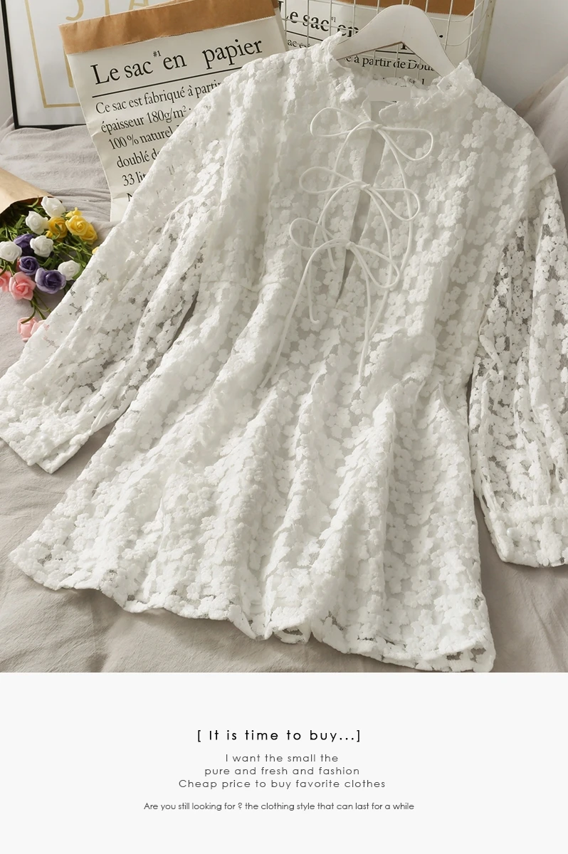 

Super fairy net yarn crocheted mid-length lace shirt top women new bow tie with puff sleeve round neck bottoming shirt