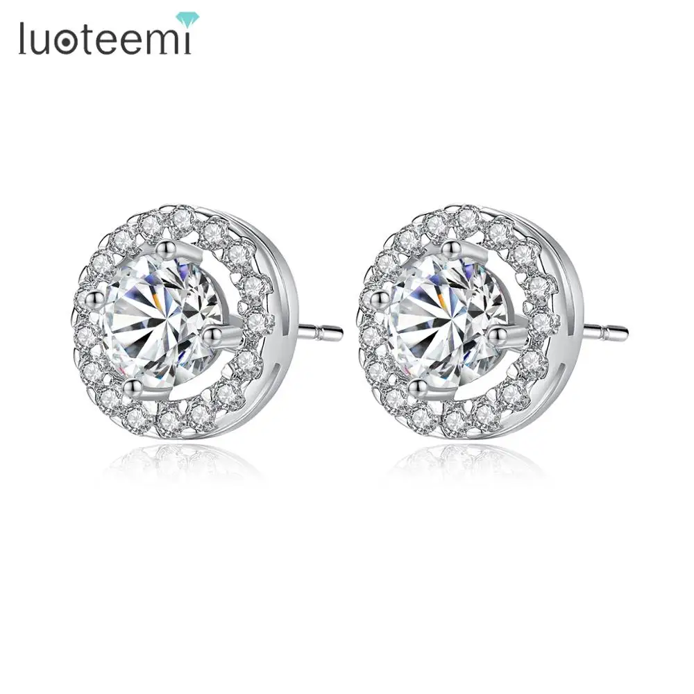 LUOTEEMI,, белое золото, цвет AAA, кубический цирконий, блестящие серьги-гвоздики для женщин, элегантные свадебные серьги