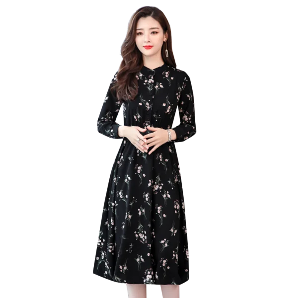 

Fashion Spring Autumn Women's Dress O-Neck Long Sleeve A-Line Women's Dress Rose Flower Chiffon Elegant Female Clothes AA3041