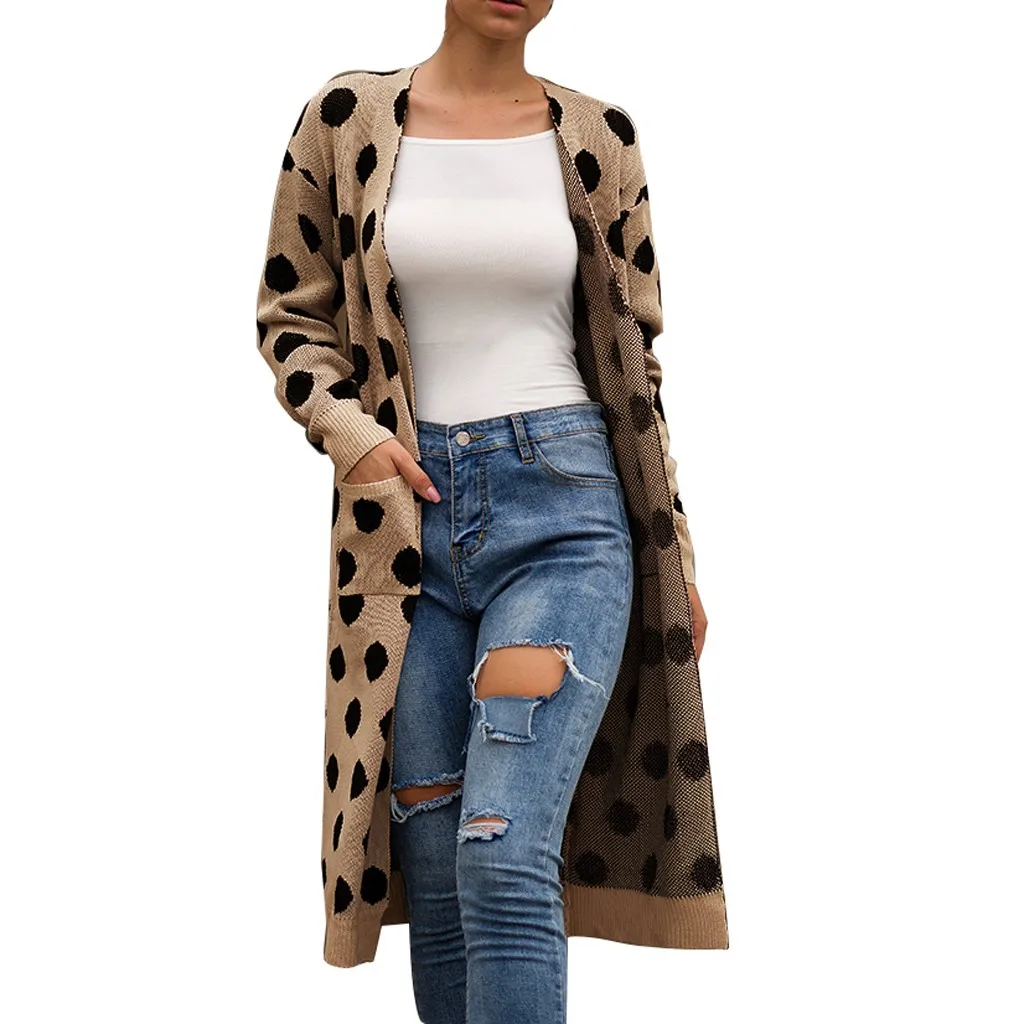 

2020 Fashion Women Long Sleeve Knit winter Cardigan Dots Print Sweater Coat Autumn Winter Fashion Women Fashion Retro Loose