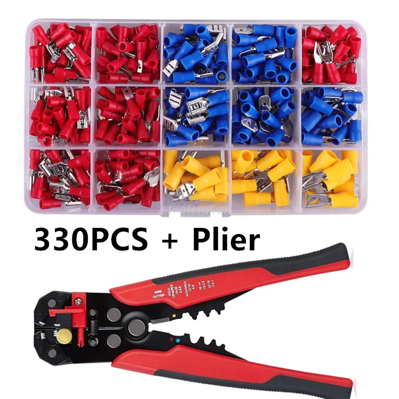 

330PCS Assorted Spade Terminals Insulated Cable Connector Electrical Wire Assorted Crimp Butt Ring Fork Set Ring Lugs + Plier