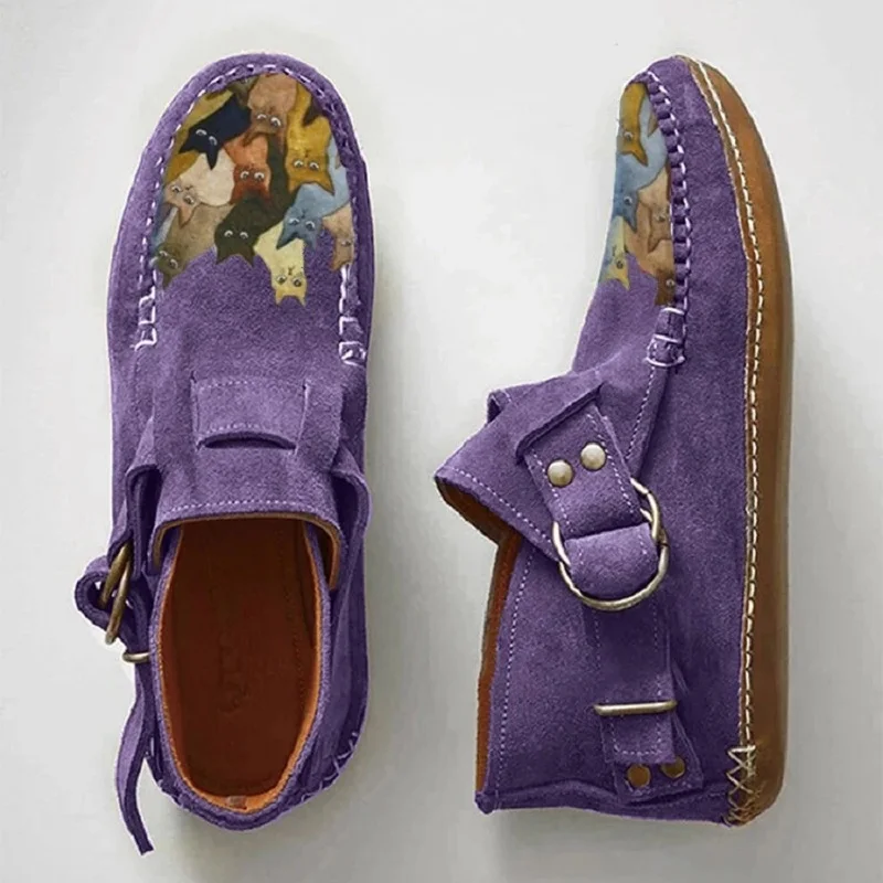 

Limited Time Offer Sale! Spot Autumn And Winter Ladies Short Boots Cartoon Cat Print Leather Buckle Comfortable Flat Boots