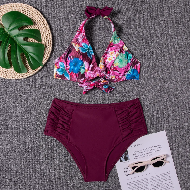 

Sexy Push Up Bikini 2021 New Swimwear Women Printed Flower Swimsuit Tube Top Bikini Set Beachwear Bathing Suit Brazilian Biquini