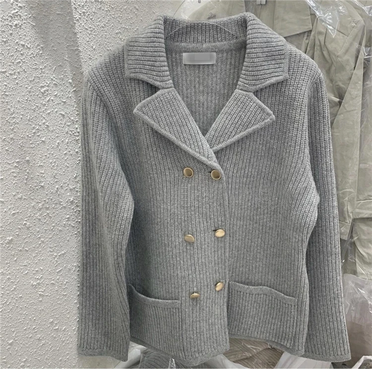 

Minimalist Elegant Lapel Metal Double-breasted Loose Thick Long Sleeve Knitted Sweater Cardigan Jacket