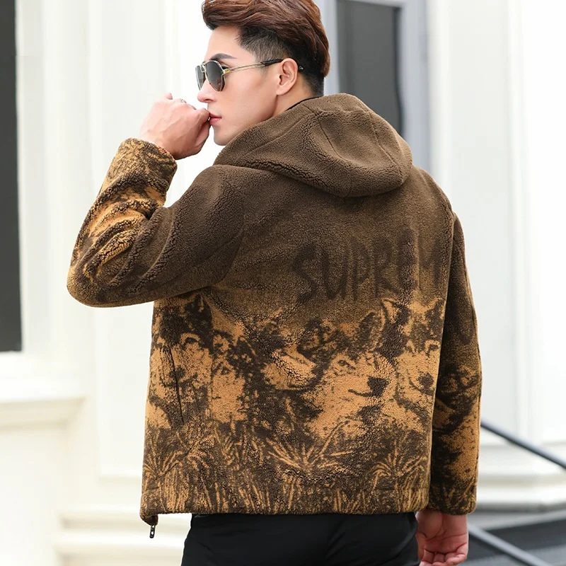 Новая осенне-зимняя мужская замшевая Толстая куртка с капюшоном узором волка