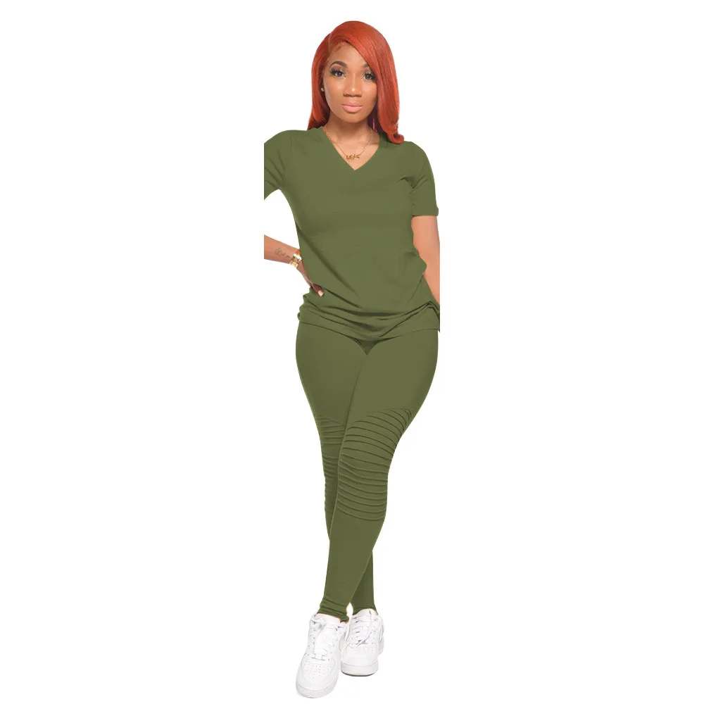

Plus Size Solid 2 Piece Set Sweatsuit for Women Deep V Neck Short Sleeve Pullover and Stacked Pencil Long Pant Streetwear Outfit