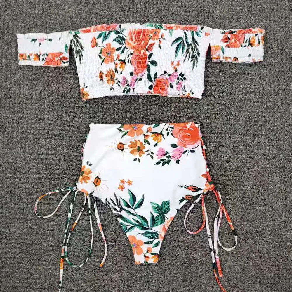 Женский купальник с открытыми плечами бикини цветочным принтом и мягкими