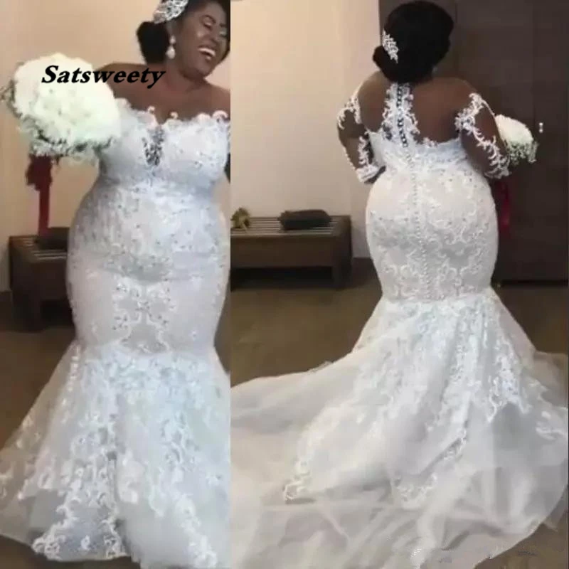 

Amazing African Mermaid Wedding Dresses Luxury Beaded Lace Appliques Long Sleeve Bridal Gowns Sexy Sheer Plus Size Wedding gowns