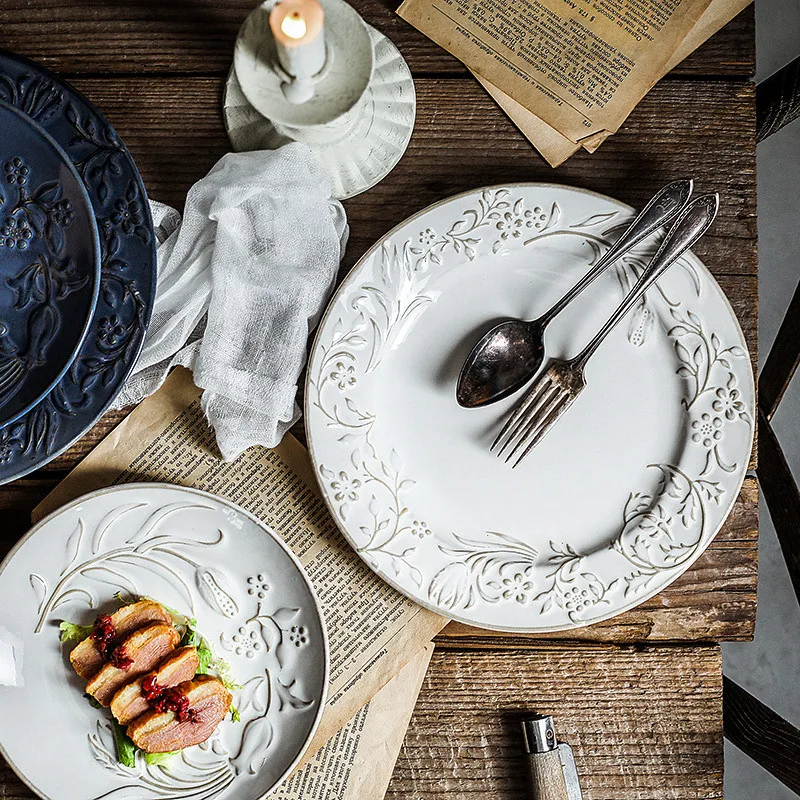 

European Ceramic Antique Handmade Embossed Steak Plate Kitchen Tableware Porcelain Dessert Dish Simple Creative Salad Plate