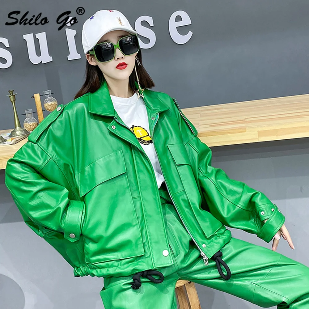 

Streetwear Drop Shoulder Pockets Detail Batwing Sleeve Zip Coat Women Winter Casual Genuine Leather Jacket Sheepskin Outwear