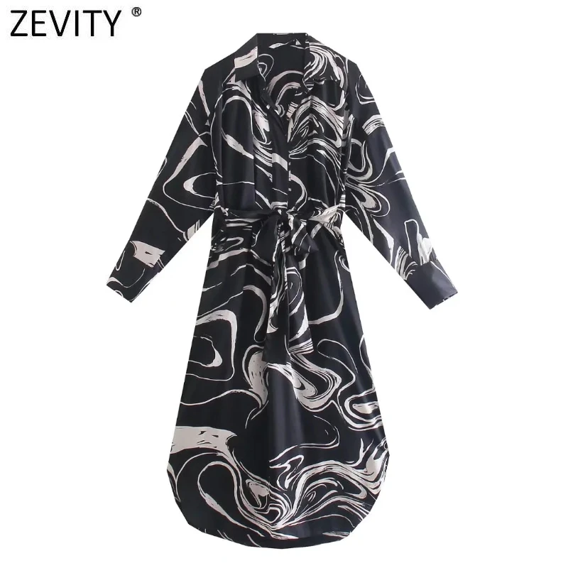 

ZEVITY Women Vintage Graffiti Print Bow Ties Sashes Shirt Dress Female Chic Long Sleeve Casual Slim Breasted Midi Vestido DS9126