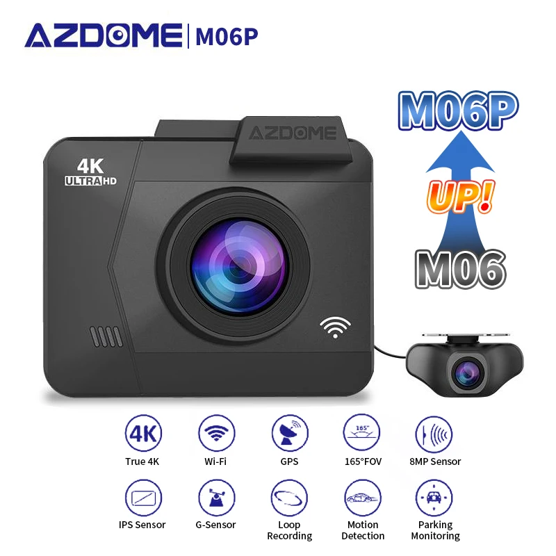 Видеорегистратор AZDOME M06P WiFi 4K/3840*2160P двойной объектив задняя камера для автомобиля