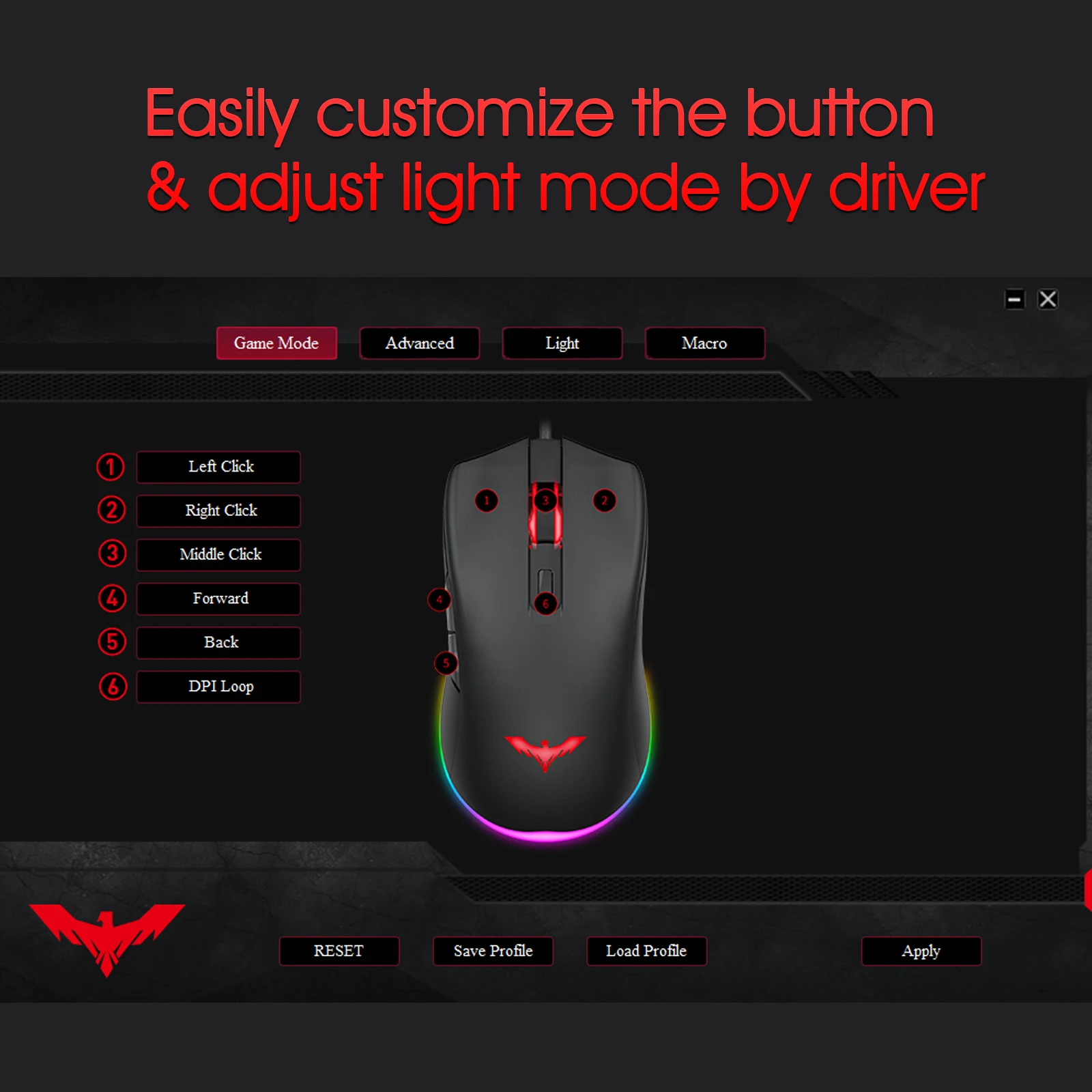 Проводная игровая мышь Havit USB Регулируемая DPI 6400 с 7 RGB подсветкой геймерская для