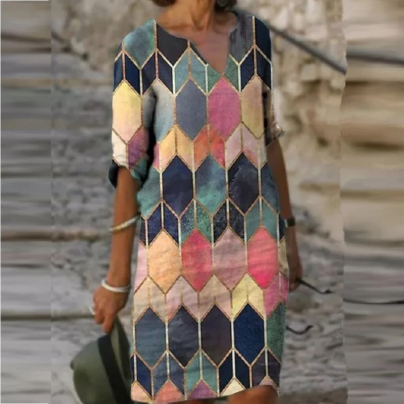 

2021 Summer Half Sleeved Dress Women V Neck Vintage Printed Loose Dress Ladies Casual All-match Plus Size Beach Dresses Vestidos