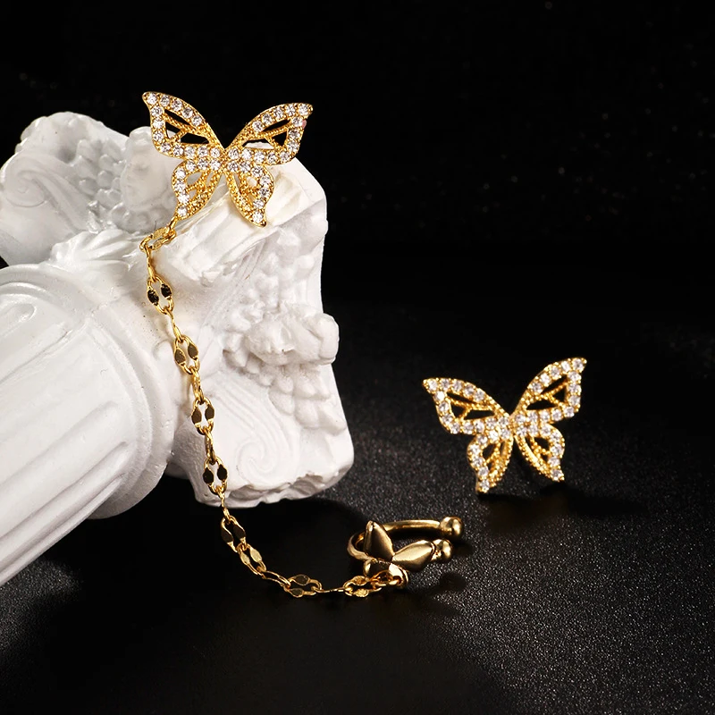 

New Popular Design 14K Real Gold Butterfly Clip Earrings for Women Charm Jewelry S925 Silver Needle Shiny AAA Zircon Party Gift