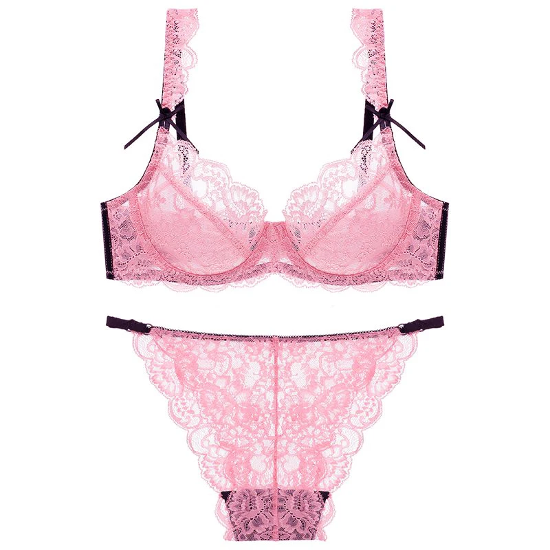 Adjusted-straps Bra and Panty Set Pink Big Size Bra Sexy Lace Unlined Underwear Hollow 3/4 Cup A B C D DD E 32 34 36 38 40 42 44