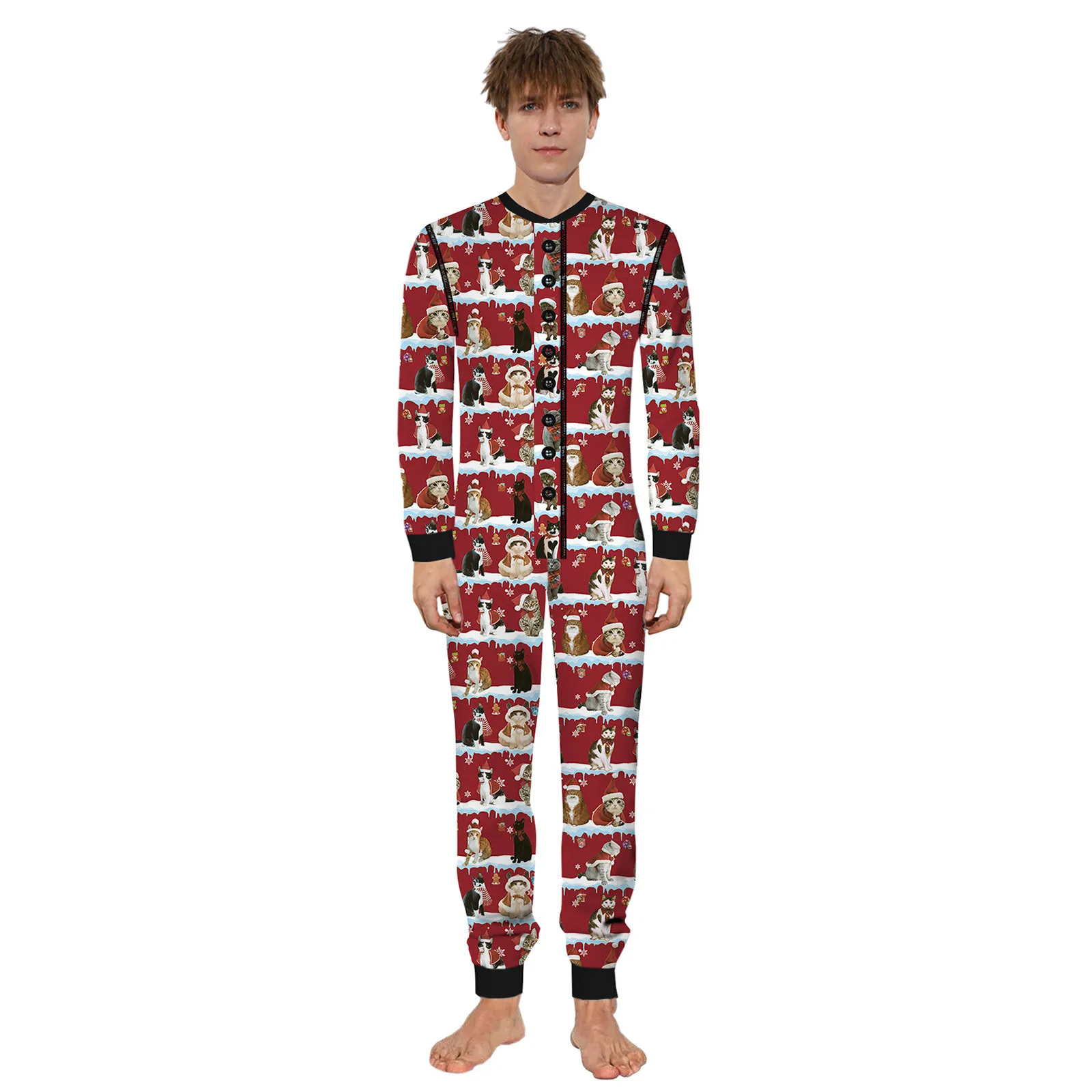 New Year Butt Flap Onesies Men Xmas Romper Home Clothes For Jumpsuit O Neck Long Sleeve Pajamas Pijama Hombre Invierno