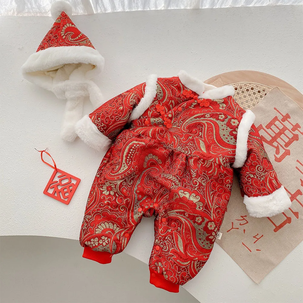 

Детский мягкий бархатный утолщенный теплый зимний комбинезон в китайском стиле с вышивкой красный новогодний комбинезон унисекс для новор...